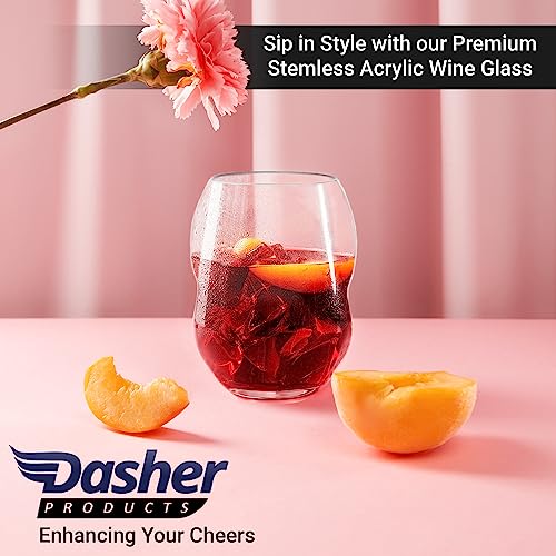 Unbreakable Plastic Stemless Wine Glasses 18 oz - 100% Tritan - Proprietary Anti Slip Design - BPA Free, Dishwasher Safe, Shatterproof - Heavy Duty Base and Extra Thick Glassware Tumblers - Set of 4