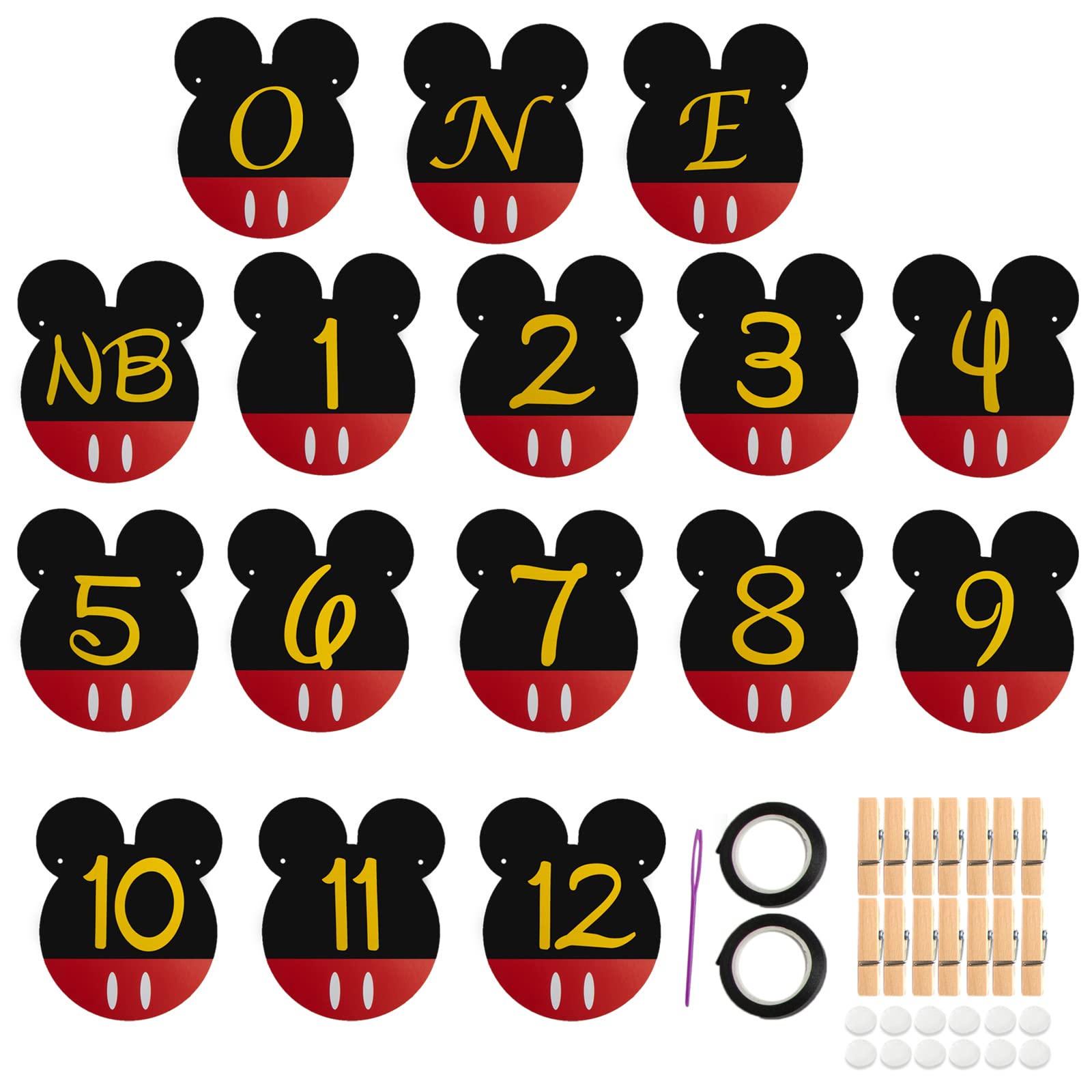 CHuangQi Mickey Themed Birthday Party Photo Banner & “ONE” High Chair Banner, NB to 12 Month Photo Banner, 1st Birthday Supplies, Baby Shower Decoration