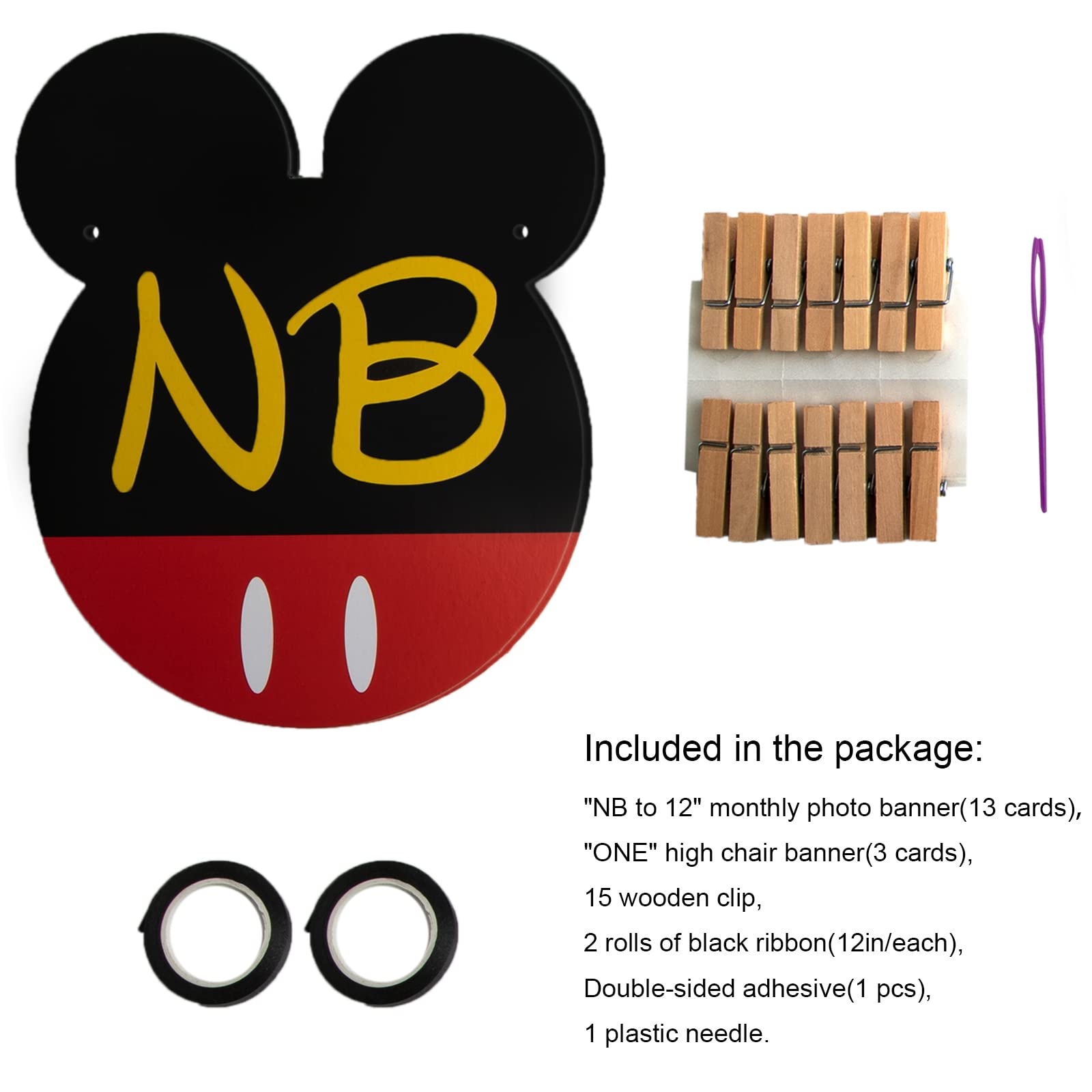 CHuangQi Mickey Themed Birthday Party Photo Banner & “ONE” High Chair Banner, NB to 12 Month Photo Banner, 1st Birthday Supplies, Baby Shower Decoration