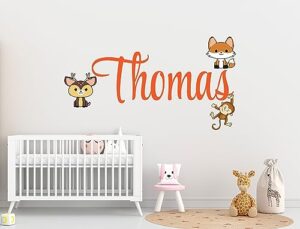 personalized boys name wall decal - boys & girls custom name wall decal - fox wall decal -baby deer fox and monkey animal theme - wall decal for nursery bedroom decoration (wide 16"x10" height)