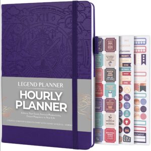 legend planner hourly schedule edition – deluxe weekly & daily organizer with time slots. time management appointment book journal for work & personal life, undated, a5 hardcover – purple, debossed
