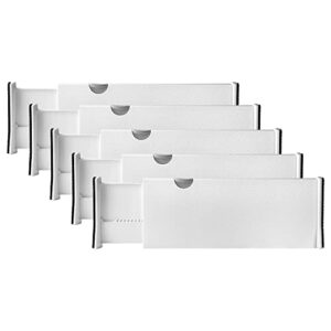 rapturous deep drawer divider 5 pack, [5 inch tall, 13-22"] long expandable, adjustable drawer dividers for clothing, clothes, dresser, kitchen, strong & sturdy hold, soft foam edges（white）