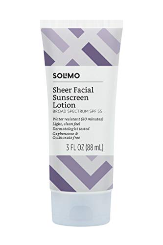 Amazon Brand - Solimo Sheer Face Sunscreen SPF 55, Formulated without Octinoxate & Oxybenzone, 3 Ounce (Pack of 1)