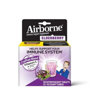 airborne elderberry + zinc & vitamin c effervescent tablets, immune support supplement with powerful antioxidant vitamins a c e, 20 fizzy drink tablets, elderberry flavor