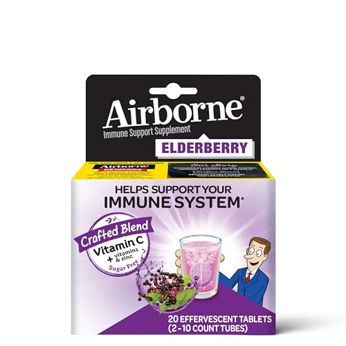 Airborne Elderberry + Zinc & Vitamin C Effervescent Tablets, Immune Support Supplement With Powerful Antioxidant Vitamins A C E, 20 Fizzy Drink Tablets, Elderberry Flavor