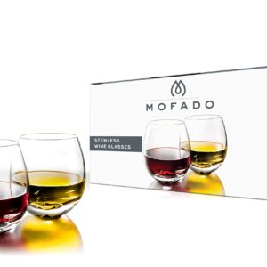 Mofado Crystal Stemless Wine Glasses in a Gift Box - (Set of 4) 15oz - Stable, Sturdy & Durable - For Red and White Wine