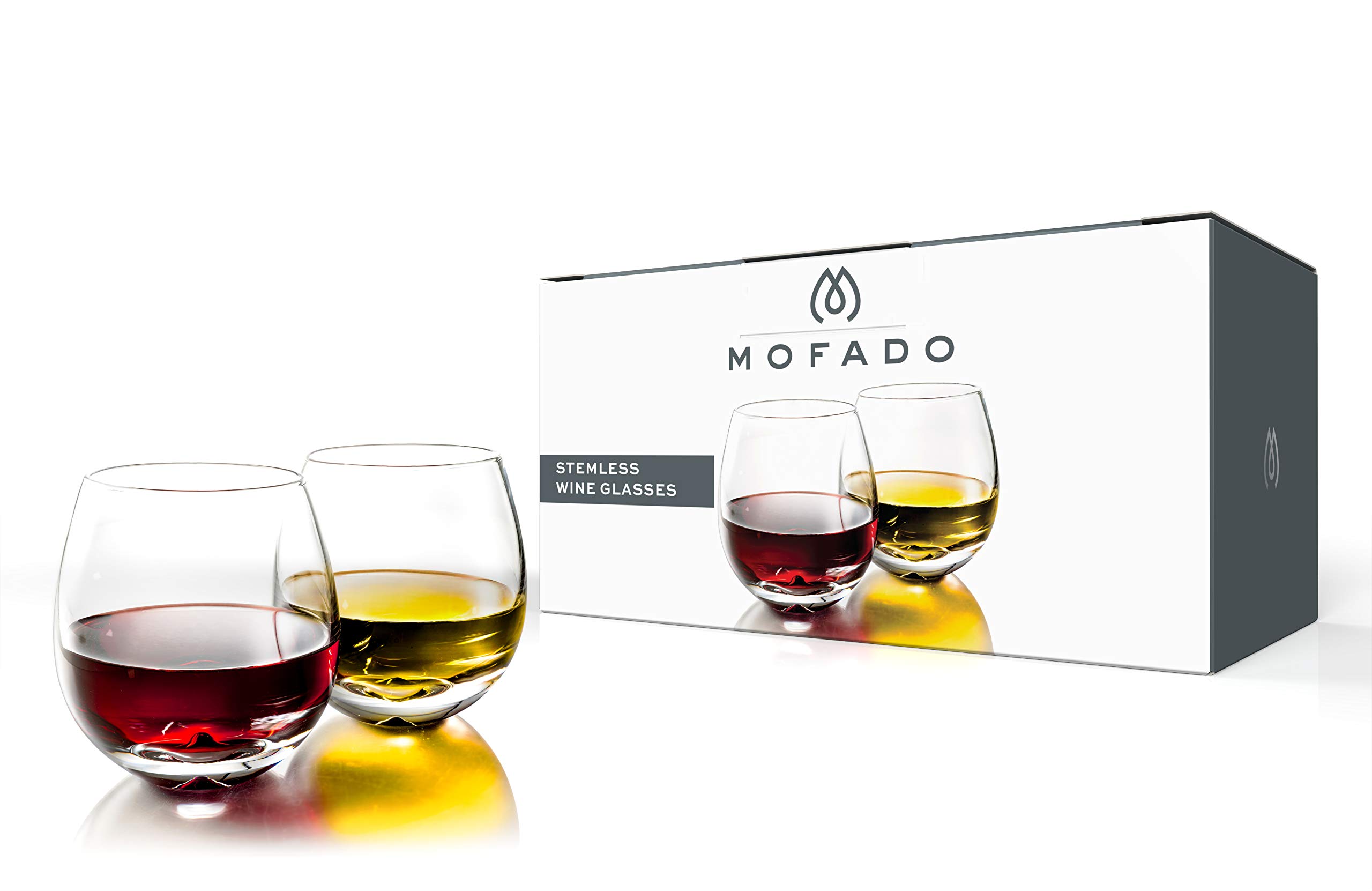 Mofado Crystal Stemless Wine Glasses in a Gift Box - (Set of 4) 15oz - Stable, Sturdy & Durable - For Red and White Wine