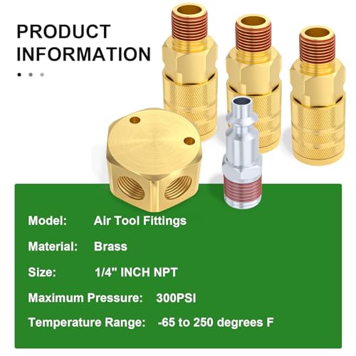 Taisher 3-Way 1/4 Inch NPT Hex Style Air Manifold with 3 Pieces Brass Industrial Coupler and Plug, Air Compressor Hose Accessories Quick Connect Fittings Air Splitter