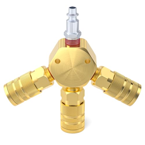 Taisher 3-Way 1/4 Inch NPT Hex Style Air Manifold with 3 Pieces Brass Industrial Coupler and Plug, Air Compressor Hose Accessories Quick Connect Fittings Air Splitter