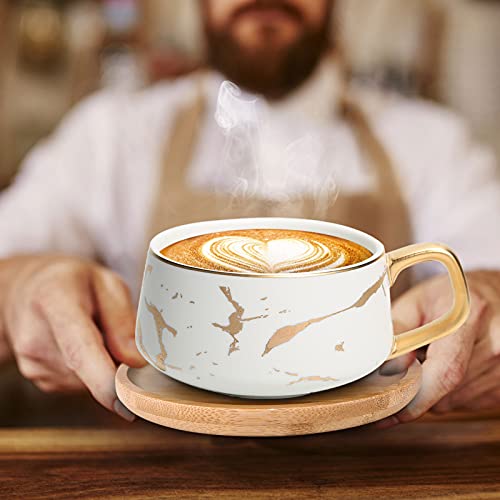 ENJOHOS 10 Oz Ceramic Tea Cup Coffee Cup Set with Wooden Saucer European Golden Hand Cup Saucer Set(White)