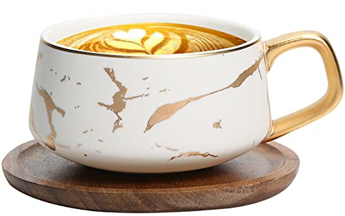 ENJOHOS 10 Oz Ceramic Tea Cup Coffee Cup Set with Wooden Saucer European Golden Hand Cup Saucer Set(White)