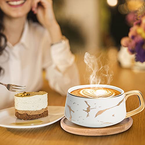 ENJOHOS 10 Oz Ceramic Tea Cup Coffee Cup Set with Wooden Saucer European Golden Hand Cup Saucer Set(White)