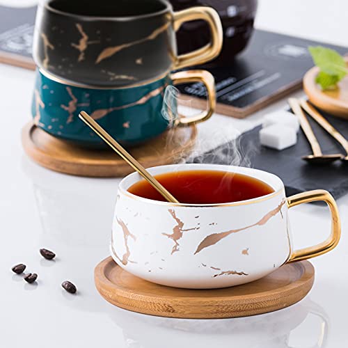 ENJOHOS 10 Oz Ceramic Tea Cup Coffee Cup Set with Wooden Saucer European Golden Hand Cup Saucer Set(White)