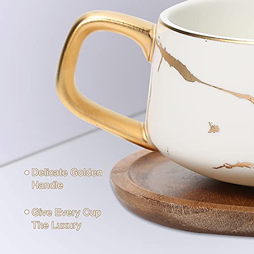 ENJOHOS 10 Oz Ceramic Tea Cup Coffee Cup Set with Wooden Saucer European Golden Hand Cup Saucer Set(White)