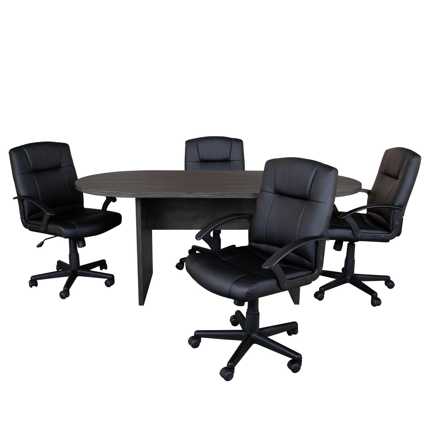 Flash Furniture Lake 5 Piece Rustic Gray Oval Conference Table Set with 4 Black LeatherSoft-Padded Task Chairs