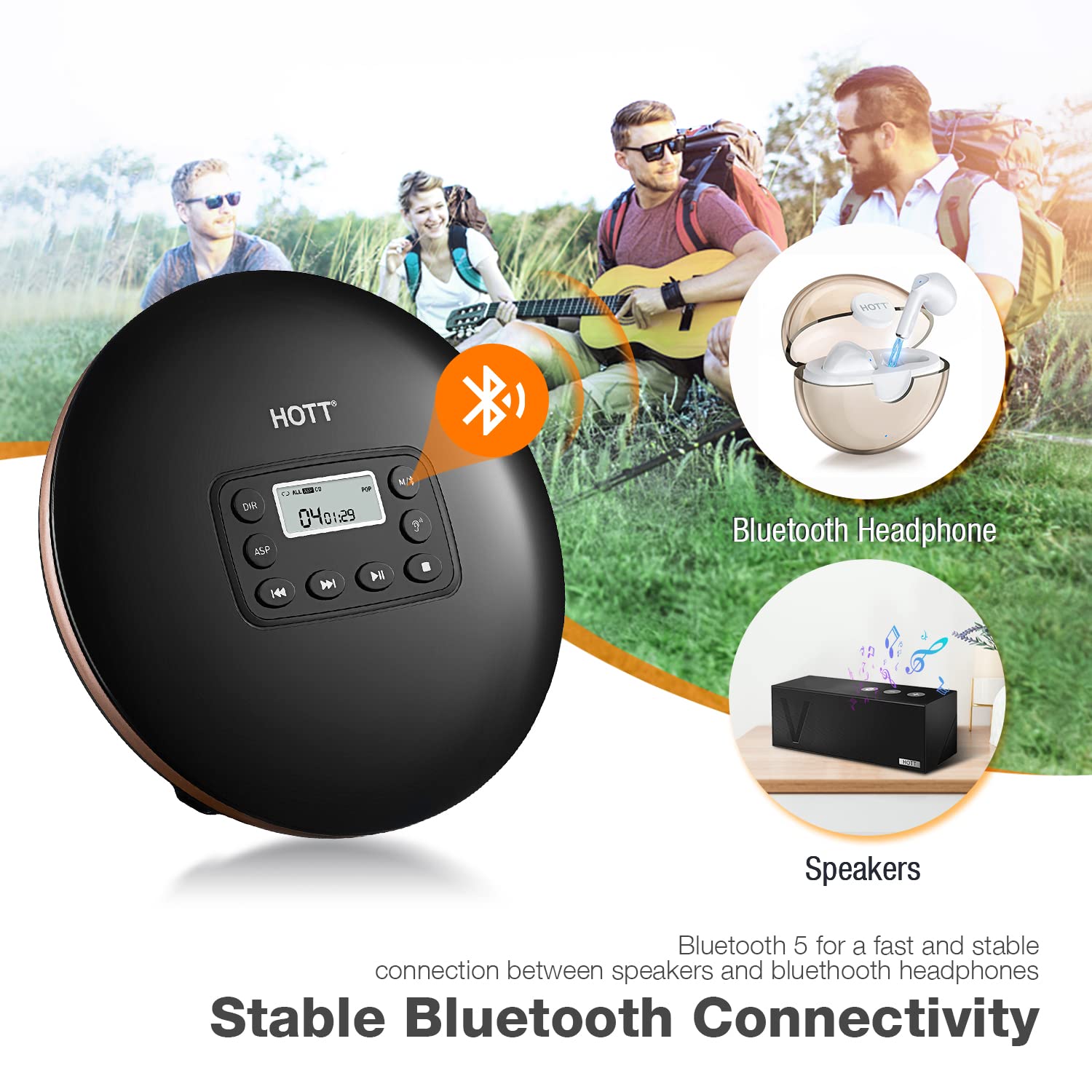 HOTT CD711T Bluetooth Rechargeable Portable CD Player for Home Travel and Car with Stereo Headphones and, Anti Shock Protection-Black