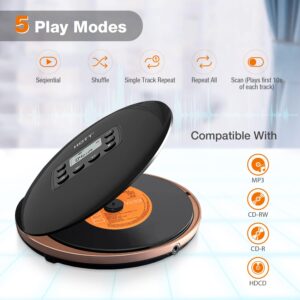 HOTT CD711T Bluetooth Rechargeable Portable CD Player for Home Travel and Car with Stereo Headphones and, Anti Shock Protection-Black