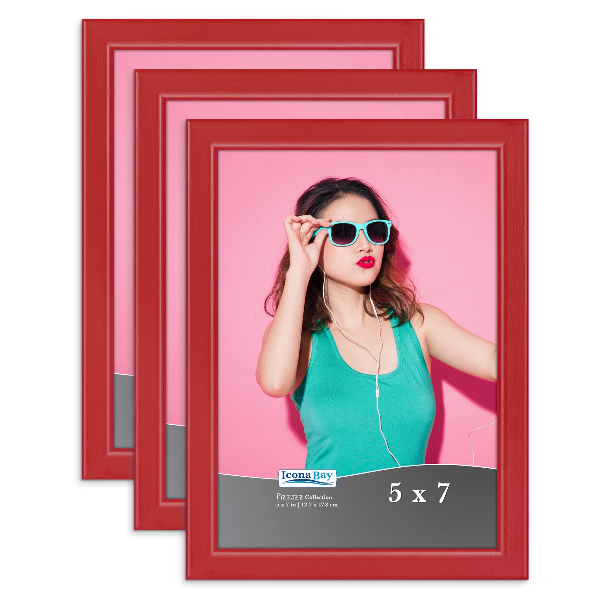 Icona Bay 5x7 Picture Frames (Red, 3 Pack), Colored Solid Wood Scandinavian Style Frames for Photo, Pizzazz Collection