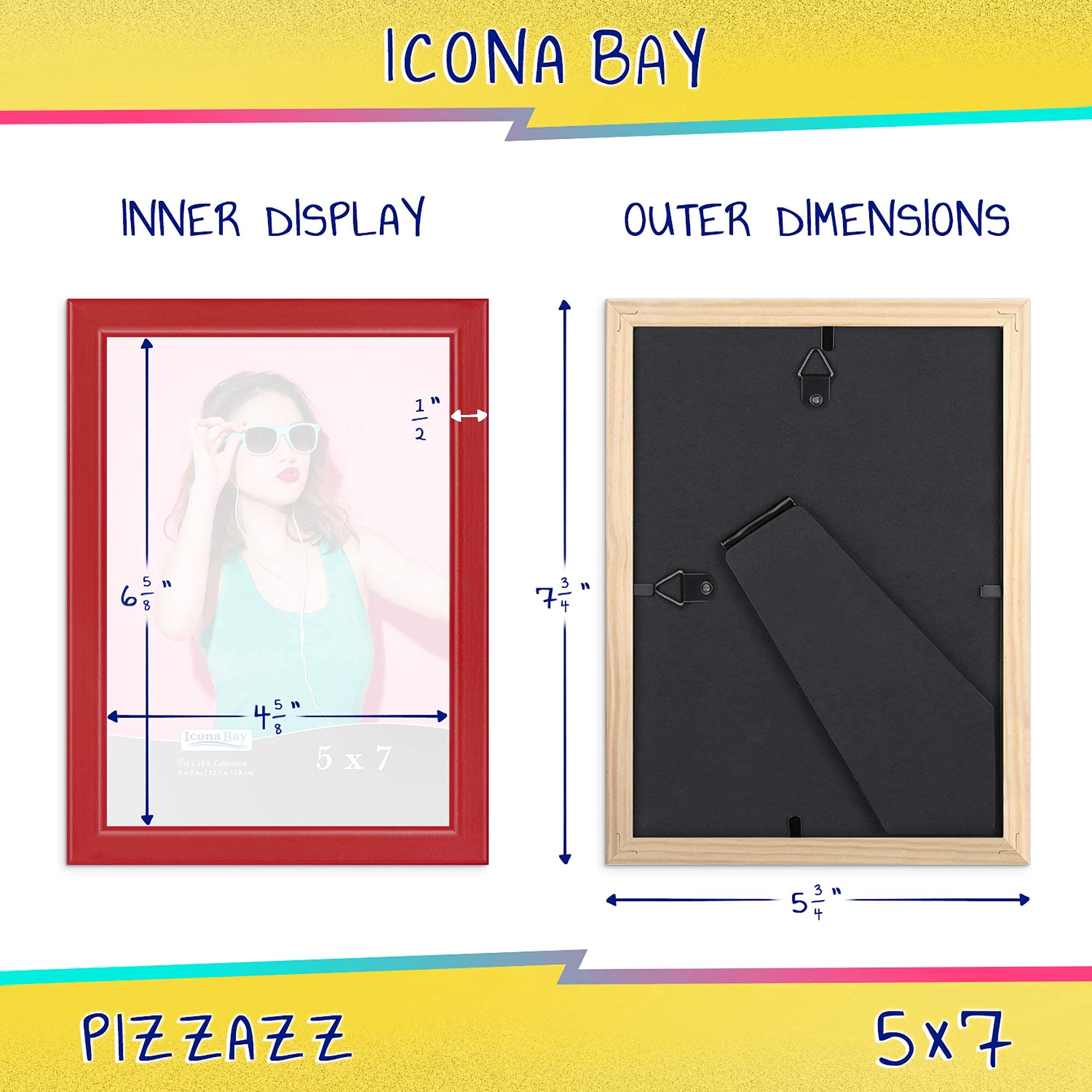 Icona Bay 5x7 Picture Frames (Red, 3 Pack), Colored Solid Wood Scandinavian Style Frames for Photo, Pizzazz Collection