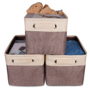 hosen storage basket set 3 pack large 14 l x 10 w x 9 h - collapsible cotton basket with 2 handles organizer basket bin box for organizing shelf nursery home closet （coffee)