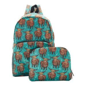 eco chic lightweight packable backpack handy foldable travel daypack (highland cow teal)
