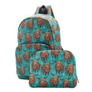 ECO CHIC Lightweight Packable Backpack Handy Foldable Travel Daypack (Highland Cow Teal)