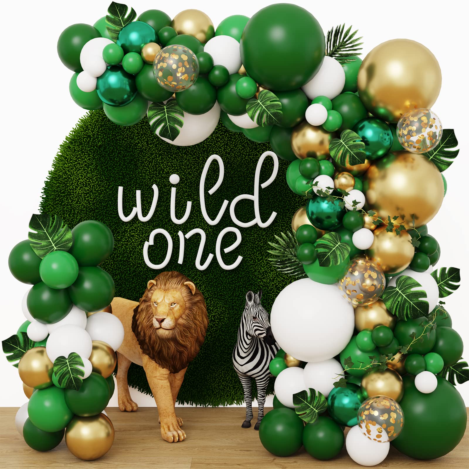 RUBFAC 152pcs Jungle Balloons Garland Arch Kit, Green Gold Balloon Arch, Safari Balloons Dinosaur Party Decoration with Artificial Palm Leaves for Animal Wild One Birthday Baby Shower Supplies