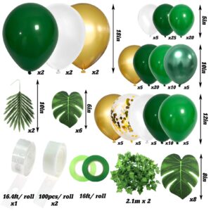 RUBFAC 152pcs Jungle Balloons Garland Arch Kit, Green Gold Balloon Arch, Safari Balloons Dinosaur Party Decoration with Artificial Palm Leaves for Animal Wild One Birthday Baby Shower Supplies