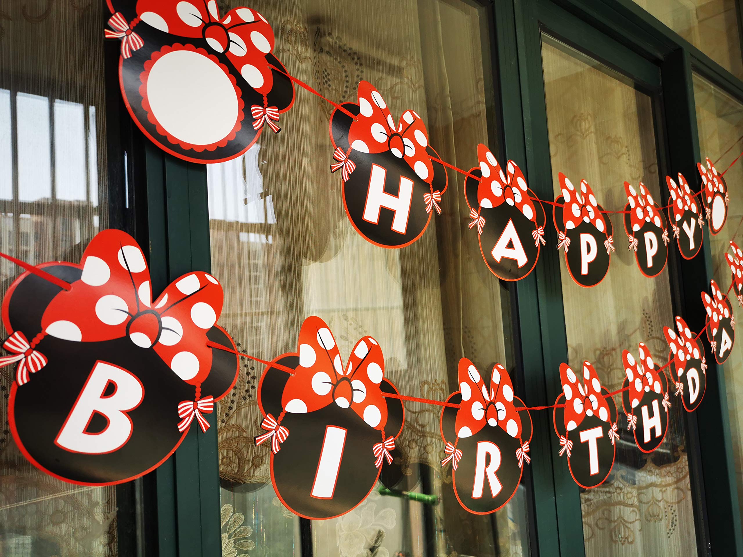 CHuangQi Minnie Themed Party Banner, Happy Birthday Letter Banner, Red Bow with Polka Dots Card, 1st Birthday Party Supplies & Decoration