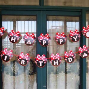 CHuangQi Minnie Themed Party Banner, Happy Birthday Letter Banner, Red Bow with Polka Dots Card, 1st Birthday Party Supplies & Decoration