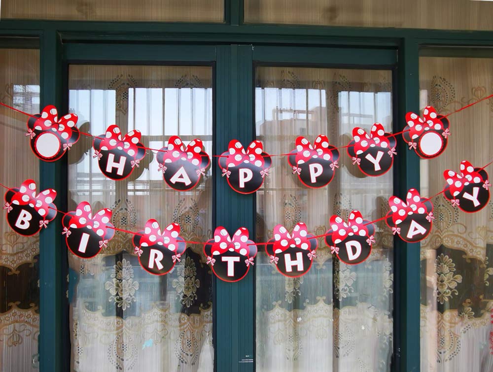 CHuangQi Minnie Themed Party Banner, Happy Birthday Letter Banner, Red Bow with Polka Dots Card, 1st Birthday Party Supplies & Decoration