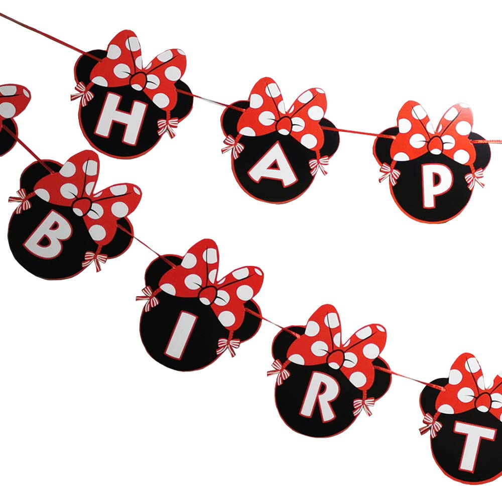 CHuangQi Minnie Themed Party Banner, Happy Birthday Letter Banner, Red Bow with Polka Dots Card, 1st Birthday Party Supplies & Decoration