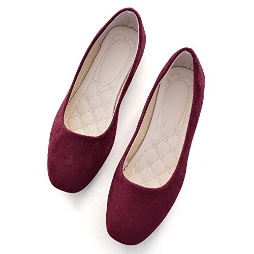 BOLOMEE Ladies Faux Suede Summer Casual Cute Dress Flats Outdoor Walking Shoes Wine Red US 9