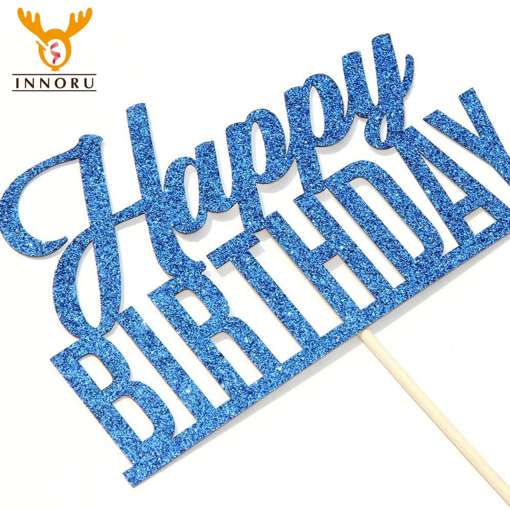 INNORU Blue Glitter Happy Birthday Cake Topper, Anniversary Party, Birthday Sign Cake Topper, Adults Children Teenager Birthday Party Cake Decoration Supplies