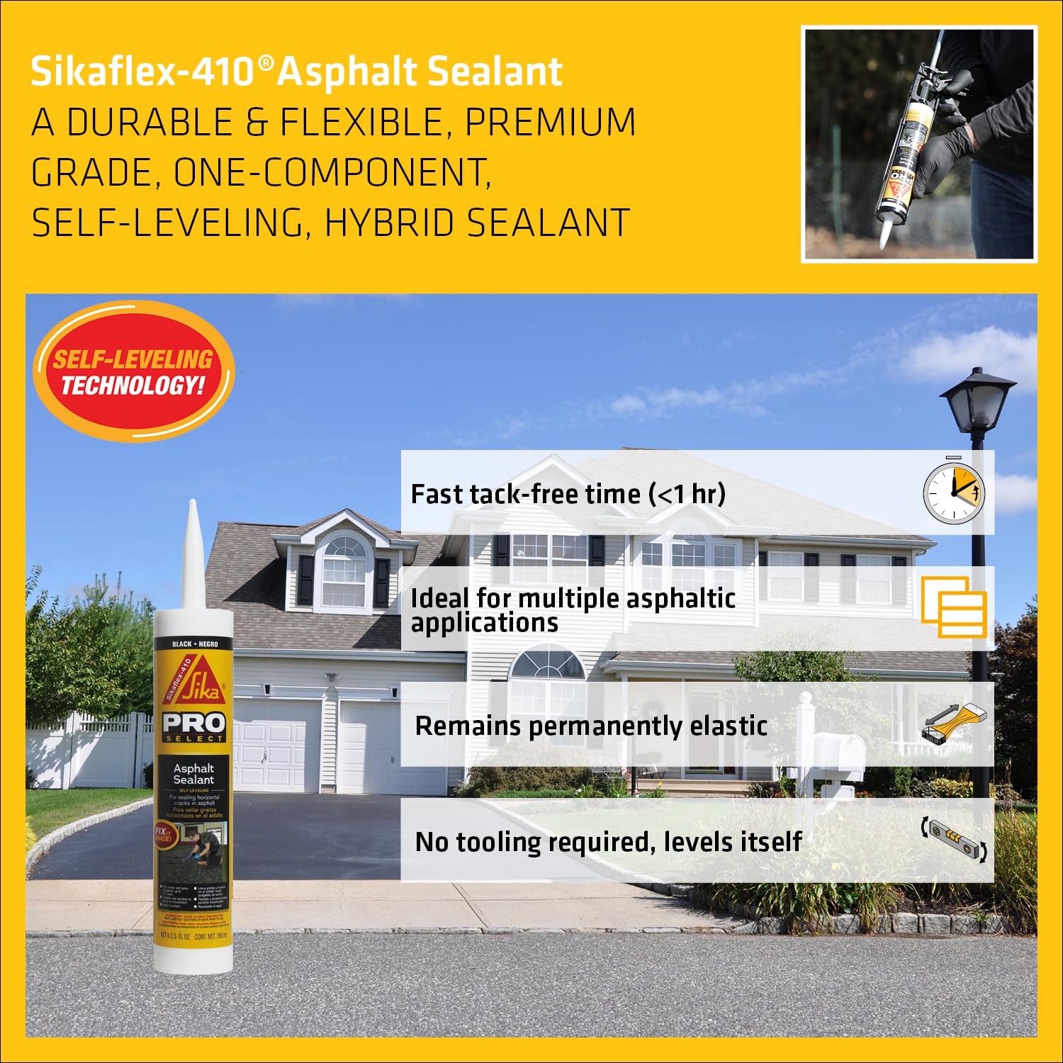 Sikaflex-410 Asphalt Sealant, Black, self-Leveling Hybrid sealant for Filling Cracks, for Private Asphalt driveways, roadways, Pavement, 9 fl.oz. Cartridge