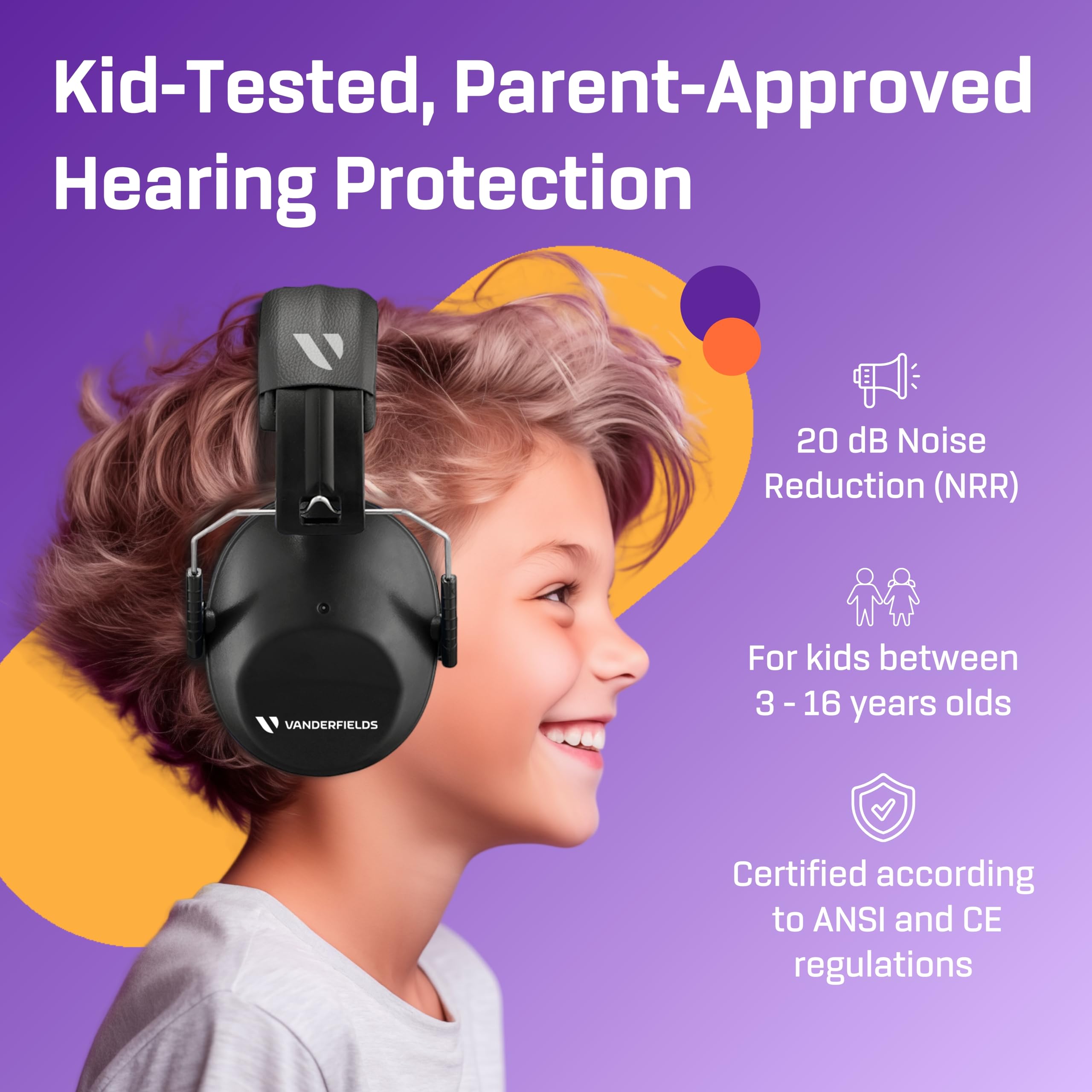 Vanderfields Kids Ear Protection - Age 3-16 - 26dB - Noise Canceling Headphones Kids - Ear Muffs for Kids - Kids Noise Cancelling Headphones - Earmuffs for Autism, Boys, Girls, Toddlers & Children