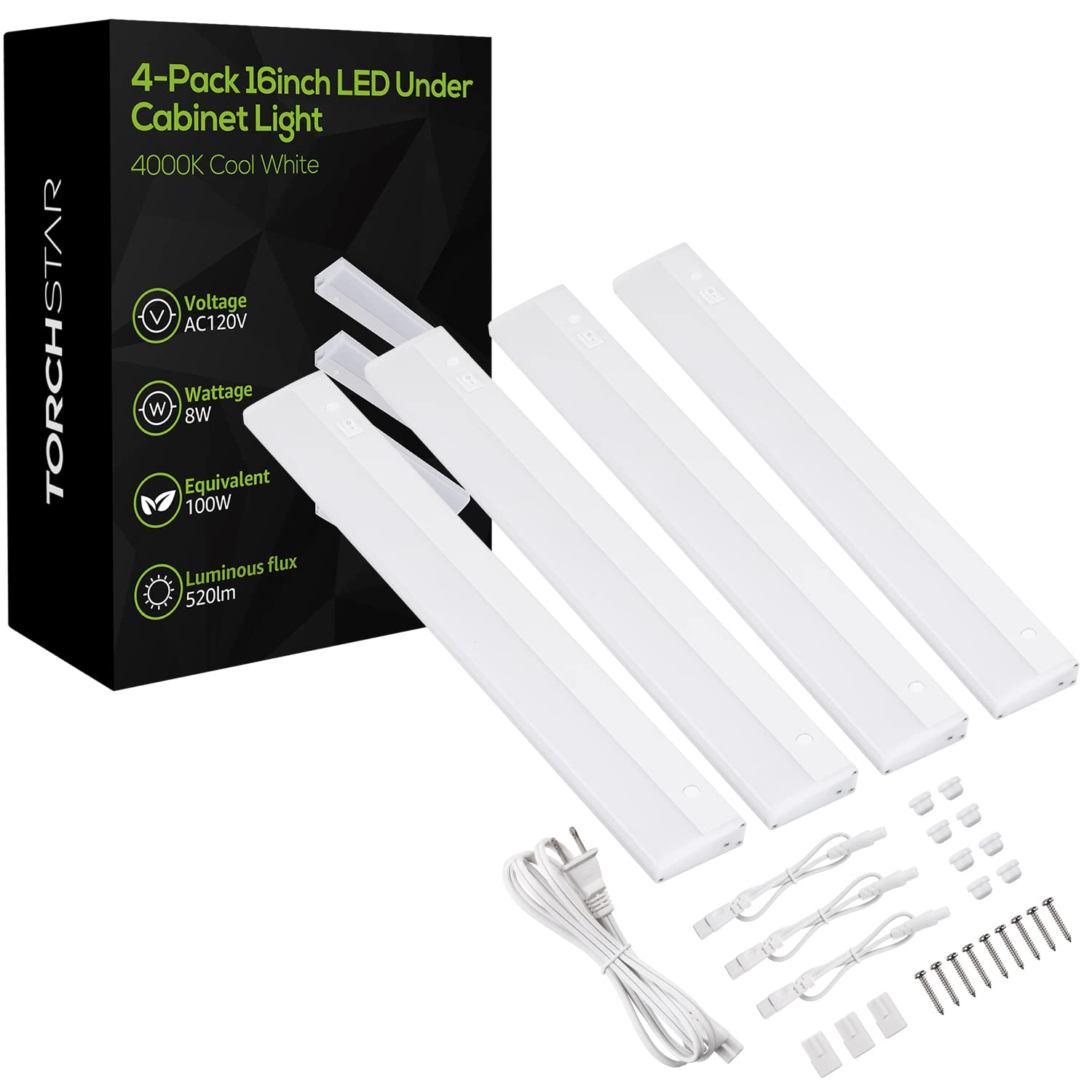 TORCHSTAR Plug in Under Cabinet Lighting, ETL Listed Linkable LED Under Cabinet Light Kit, Individual Control, 16 Inch, 4000K Cool White, 8W, Pack of 4