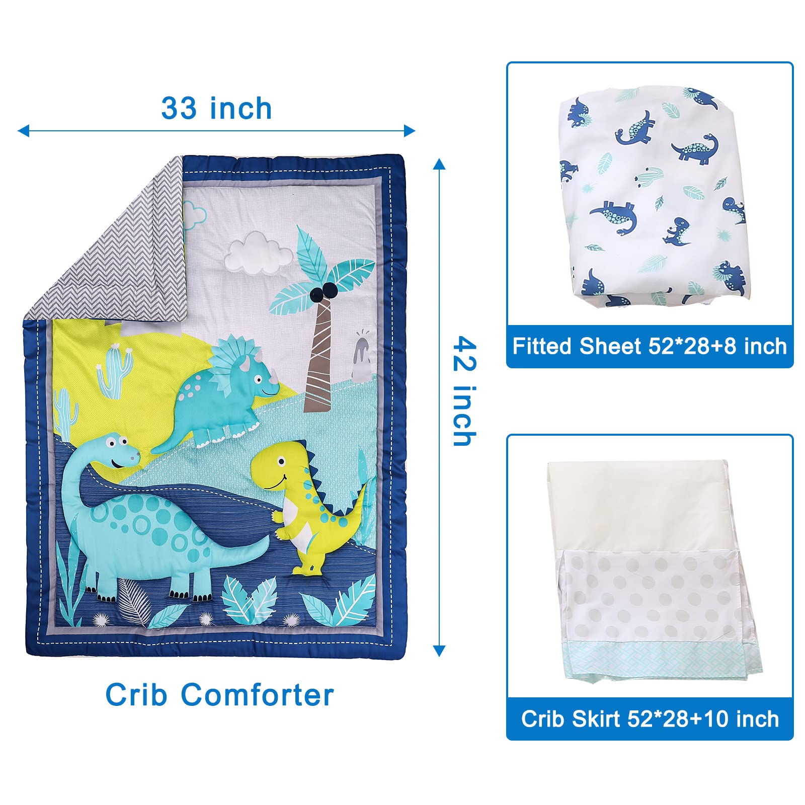 Wowelife Crib Bedding Set for Boys and Girls Blue, Premium 3-Piece Baby Bedding Set Dinosaurs, Nursery Crib Set, Breathable and Soft for Baby