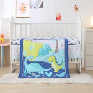 Wowelife Crib Bedding Set for Boys and Girls Blue, Premium 3-Piece Baby Bedding Set Dinosaurs, Nursery Crib Set, Breathable and Soft for Baby