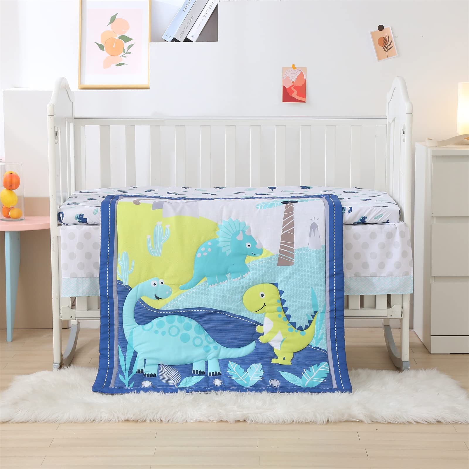 Wowelife Crib Bedding Set for Boys and Girls Blue, Premium 3-Piece Baby Bedding Set Dinosaurs, Nursery Crib Set, Breathable and Soft for Baby