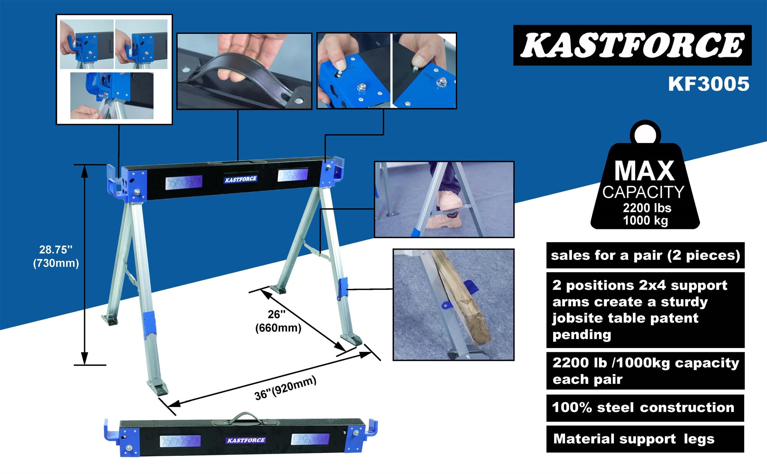 KASTFORCE Folding Sawhorse 2200 lb /1000kg capacity Heavy Duty Jobsite Table Stand with Folding Legs Twin Pack KF3005