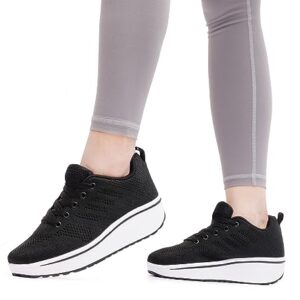 WUIWUIYU Womens Outdoor Casual Wedge Platform Mesh Lace-Up Sport Athletic Rocker Shoes Trainers Sneakers Black Size 5 M US