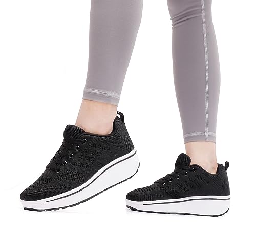 WUIWUIYU Womens Outdoor Casual Wedge Platform Mesh Lace-Up Sport Athletic Rocker Shoes Trainers Sneakers Black Size 5 M US