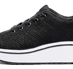 WUIWUIYU Womens Outdoor Casual Wedge Platform Mesh Lace-Up Sport Athletic Rocker Shoes Trainers Sneakers Black Size 5 M US