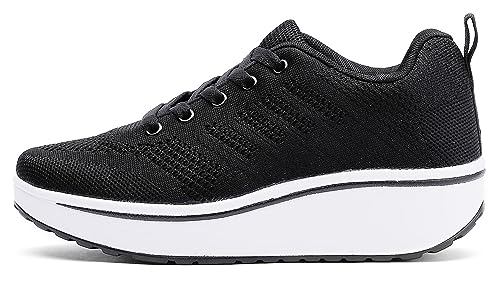 WUIWUIYU Womens Outdoor Casual Wedge Platform Mesh Lace-Up Sport Athletic Rocker Shoes Trainers Sneakers Black Size 5 M US