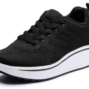 WUIWUIYU Womens Outdoor Casual Wedge Platform Mesh Lace-Up Sport Athletic Rocker Shoes Trainers Sneakers Black Size 5 M US