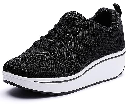 WUIWUIYU Womens Outdoor Casual Wedge Platform Mesh Lace-Up Sport Athletic Rocker Shoes Trainers Sneakers Black Size 5 M US