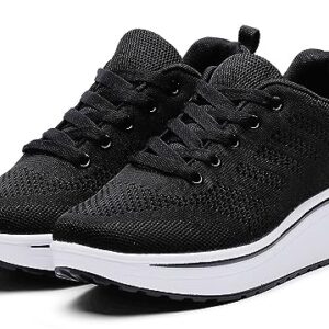 WUIWUIYU Womens Outdoor Casual Wedge Platform Mesh Lace-Up Sport Athletic Rocker Shoes Trainers Sneakers Black Size 5 M US