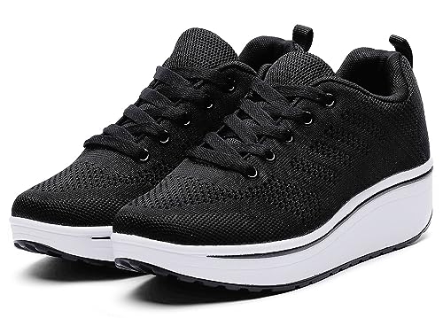 WUIWUIYU Womens Outdoor Casual Wedge Platform Mesh Lace-Up Sport Athletic Rocker Shoes Trainers Sneakers Black Size 5 M US