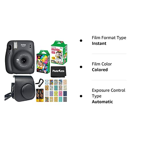 Fujifilm Instax Mini 11 Instant Camera - Charcoal Grey (16654786) + Fujifilm Instax Mini Twin Pack Instant Film (16437396) + Single Pack Rainbow Film + Case + Travel Stickers